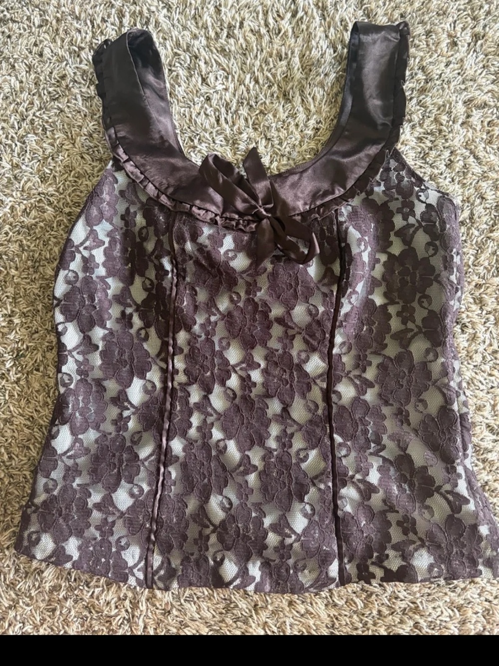 Studio Y Brown Lace Overlay Satin-Trim Tank Top